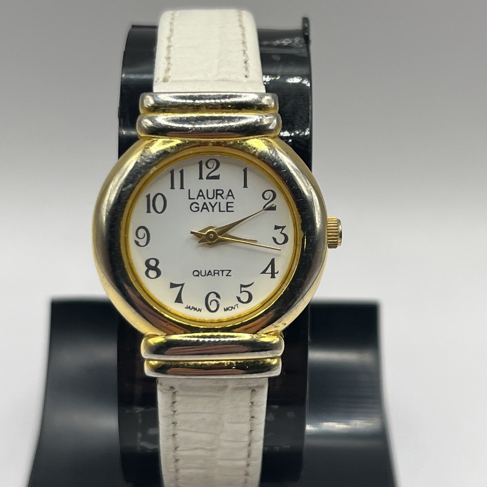Laura Gayle Gold Tone Quartz Watch White Leather Band- New Battery!‎